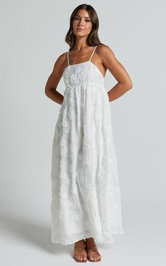 Claya Maxi Dress - Sleeveless Straight Neckline Floral Detail Dress in White Embroidery | Showpo USA White Dress Vacation Outfit, Get Away Dress Wedding, White Dresses For Bridal Shower Brides, Microwedding Dress, All White Beach Party Outfit, Timeless Dresses Classy, Long White Sundress, White Maxi Dress Casual, White Dress Maternity