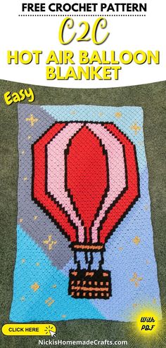 a crocheted hot air balloon blanket with the words hot air balloon on it