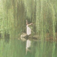 a woman standing on a rock in the middle of a lake surrounded by willow branches