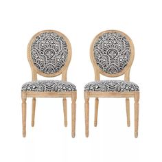 two wooden chairs with black and white designs on them