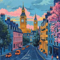 a painting of big ben and the houses of parliament in london, england at sunset