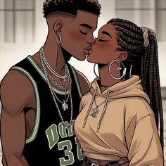 two black women kissing each other in front of a building and one is wearing a basketball jersey