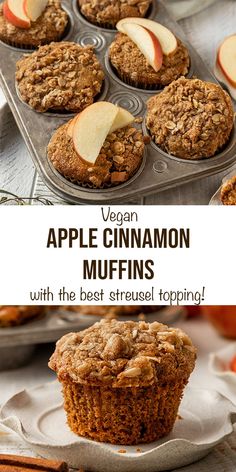an apple cinnamon muffin in a muffin tin with the title vegan apple cinnamon muffins
