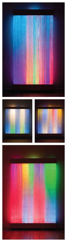 three different images of colorful lights in a room