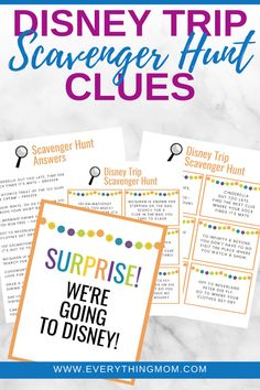 the disney trip scavenger hunt clues with text that reads, surprise we're going to disney