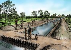 an artist's rendering of people standing on the edge of a river