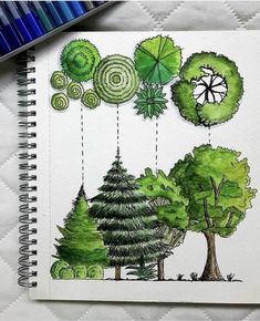 a drawing of trees with green leaves hanging from them