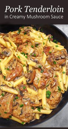 a skillet filled with pasta and meat covered in mushroom sauce, topped with parsley