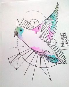 a drawing of a pink and blue bird flying through the air with its wings spread