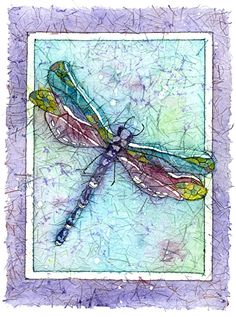 a colorful dragonfly sitting on top of a purple and blue background with watercolors