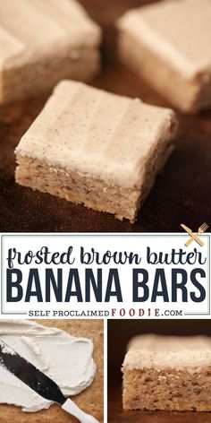 a close up of some brown butter banana bars on a table with the title text above it