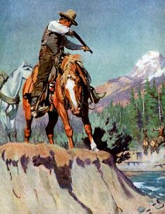 a man riding on the back of a brown and white horse next to a river