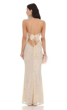 Iridescent Sequin Strapless Maxi Dress in Champagne | LUCY IN THE SKY Strapless Backless Dress, Champagne Dresses Prom, White Long Formal Dress, Unique Ball Dresses, Champagne Dress Long, Champagne Formal Dress, Great Gatsby Prom Dresses, Grad Gown, Sequin Dress Long