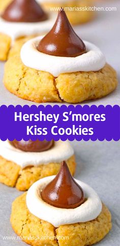 hershey s'mores kiss cookies with marshmallow frosting on top