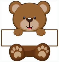 a brown teddy bear holding a sign with paws on it's chest and smiling