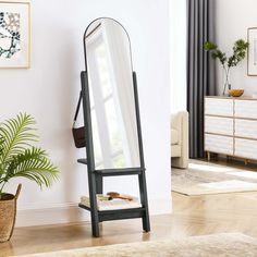 a large mirror sitting on top of a wooden floor next to a potted plant