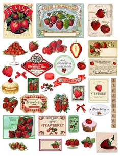 an assortment of vintage strawberry labels and stickers