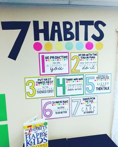 this is a photo of a classroom wall with numbers and signs on the walls that spell out 7 habitts