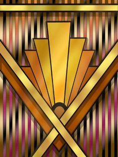 an art deco design with gold and red stripes on the bottom, as well as two crossed bars