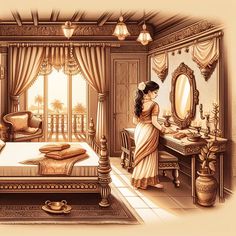 a drawing of a woman standing in front of a bed with a mirror on the wall