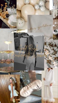 a collage of photos with white and gold decorations