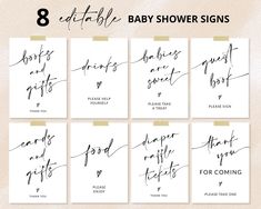 8 printable baby shower signs with handwritten font and calligraphy on the front