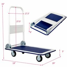 a blue and white hand truck is shown with the measurements for it's wheels