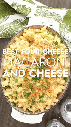 the best four cheese macaroni and cheese in a skillet with parsley on top