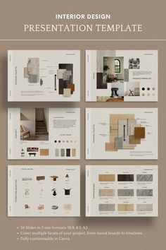 the interior design presentation template is shown in four different colors and sizes, including beiges,