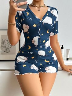 Royal Blue  Collar Short Sleeve Knitted Fabric Animal,Cartoon  Embellished Slight Stretch All Women Sleep & Lounge Cute Onesies For Women, Woman Pajamas, Jumpsuit Pajamas, Cartoon Sheep, Women Rompers, Womens Onesie, Shorts Jumpsuit, Short Pajamas, Women Cartoon