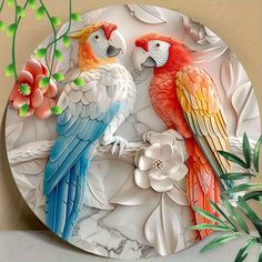 two colorful parrots sitting on top of a white plate with flowers in the background