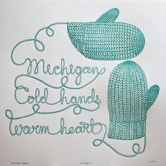 a drawing of two knitted mittens with the words michigan coldhands warm heart