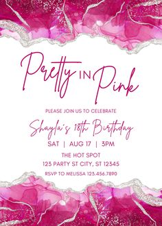 a pink and silver birthday party card with the words pretty in pink on it