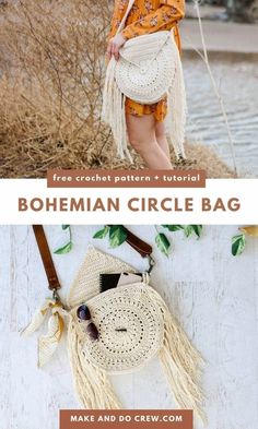 Make your own hippie crochet bag with this free pattern from Make and Do Crew. Perfect for bohemian style, this easy pattern guides you on creating a round crossbody bag with stylish fringe and dripping in 70s style. This earthy style fringed crochet bag is made from three simple pieces, so even beginners can make this pattern. Perfect for festival outfits, summer beach parties, and school days. Visit the blog to get the free crochet purse pattern. Crochet Bag Free Pattern, Crochet Purse Pattern, Bag Free Pattern, Circle Purse, Hippie Crochet