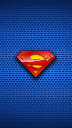 the superman symbol is on top of a blue metal mesh background with yellow and red dots