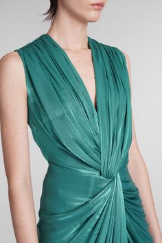 Franca Dress in green polyester, front slit, knot detail, sleeveless, V neck, draped, zip clousure, 100% polyester, Made in Greece, Model is 180 cm and wears 38 Versace Shop, Feminine Design, Yoga Wear, Luxury Fabrics, Bridal Shoes, Dress Codes, Signature Style, Luxury Boutique, Clothes For Sale