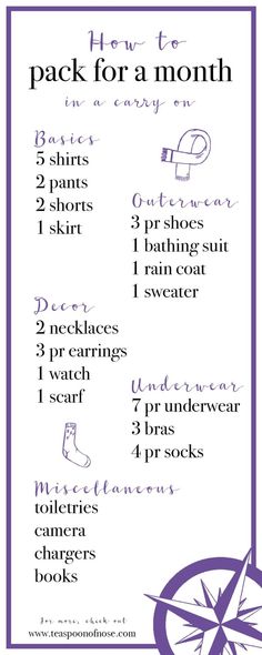 a purple and white poster with instructions to pack for a month