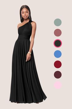 a woman in a long black dress with different colors