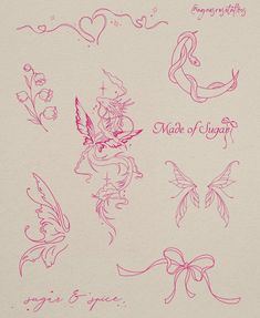 some pink ink drawings on white paper with hearts and flowers in the background, including an angel