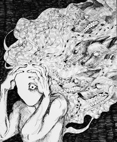 a black and white drawing of a woman with her hair blowing in the wind, surrounded by skulls