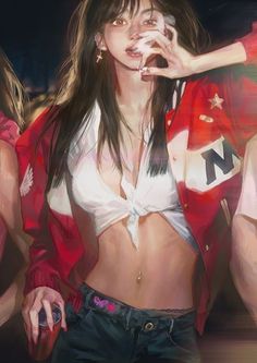 a painting of a woman in a red jacket and white shirt with her hands on her hips