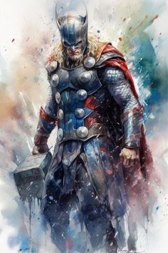 a man dressed as thor is standing in front of watercolor paint splatters