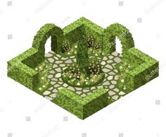 an image of a green garden in the shape of a hexagonal structure with flowers and