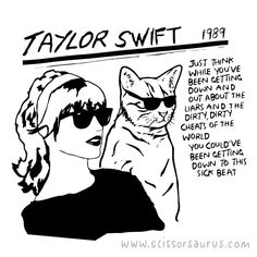 a black and white drawing of a woman with a cat in her lap, which says taylor swift