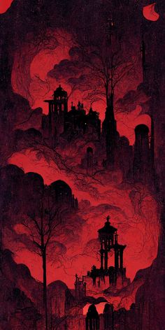 a painting with red and black colors on the background, it looks like an old castle