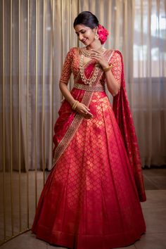 Brides In Half Saree, Lehnga From Old Silk Saree, Half Saree Lengha, Half Saree Look For Engagement, Half Saree Silk South Indian, Half Saree Kanchipuram, Half Saree Tamil Nadu Style, Traditional Indian Saree Look, Pink Half Sarees Pattu