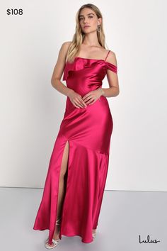 Allow yourself to be the most captivating sight to see with the Lulus Enchanting Aesthetic Magenta Satin Asymmetrical Maxi Dress! Looking and feeling like luxury is easy to achieve with the sleek satin composition of this eye-catching dress. Slender adjustable straps support a straight neckline, a ruffled-trimmed bodice, and a pleated, off-the-shoulder sleeve that creates a cold shoulder effect. The figure-skimming silhouette falls to a subtle, mermaid-style maxi skirt with asymmetrical seam det Bright Purple Bridesmaid Dresses, Aesthetic Magenta, Women's Wedding Guest Dresses, Maxi Dress Satin, Enchanting Aesthetic, Purple Bridesmaid Dress, Asymmetrical Maxi Dress, Magenta Dress, Maxi Skirt Style