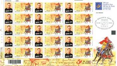 the postage stamp shows an image of a man riding a horse