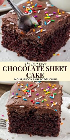 a piece of chocolate sheet cake with sprinkles and a fork in it