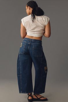 99% cotton, 1% elastane; 66% cotton, 32% polyester, 2% elastane trim Five-pocket styling Front zip Machine wash Imported | The Kenna Mid-Rise Heritage Barrel Jeans by Pilcro: Patchwork Edition in Blue, Women's, Size: SZ 25 TALL, Polyester/Cotton/Elastane at Anthropologie Barrel Jeans Plus Size, Barrel Jeans Outfit Summer, Barrel Pants Outfit, Barrel Jeans Outfit, Prps Jeans, Wardrobe List, Barrel Jeans, Denim Street Style, Fitted Jeans